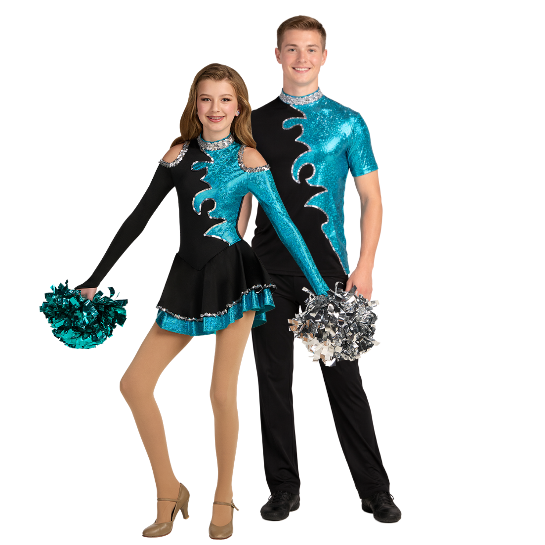 Two individuals in matching black and blue dance costumes with pom-poms on a white background