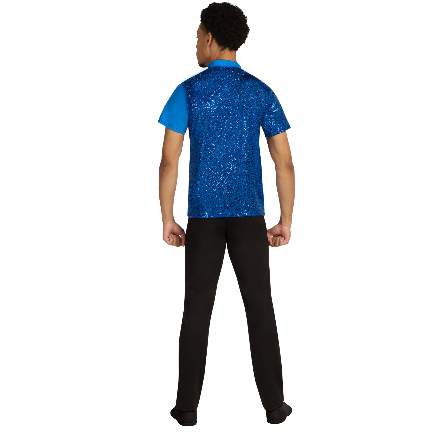 Person wearing a blue sequin shirt and black pants on a white background