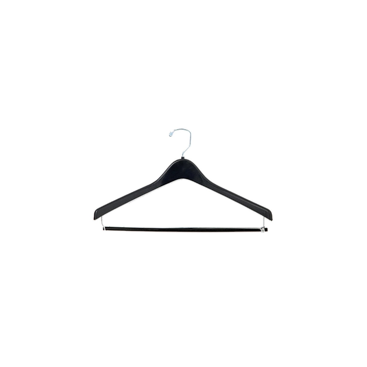 Black 17‑inch contoured plastic suit hanger with polished swivel hook and integrated locking pant bar—securely holds trousers using a locking mechanism at each end.