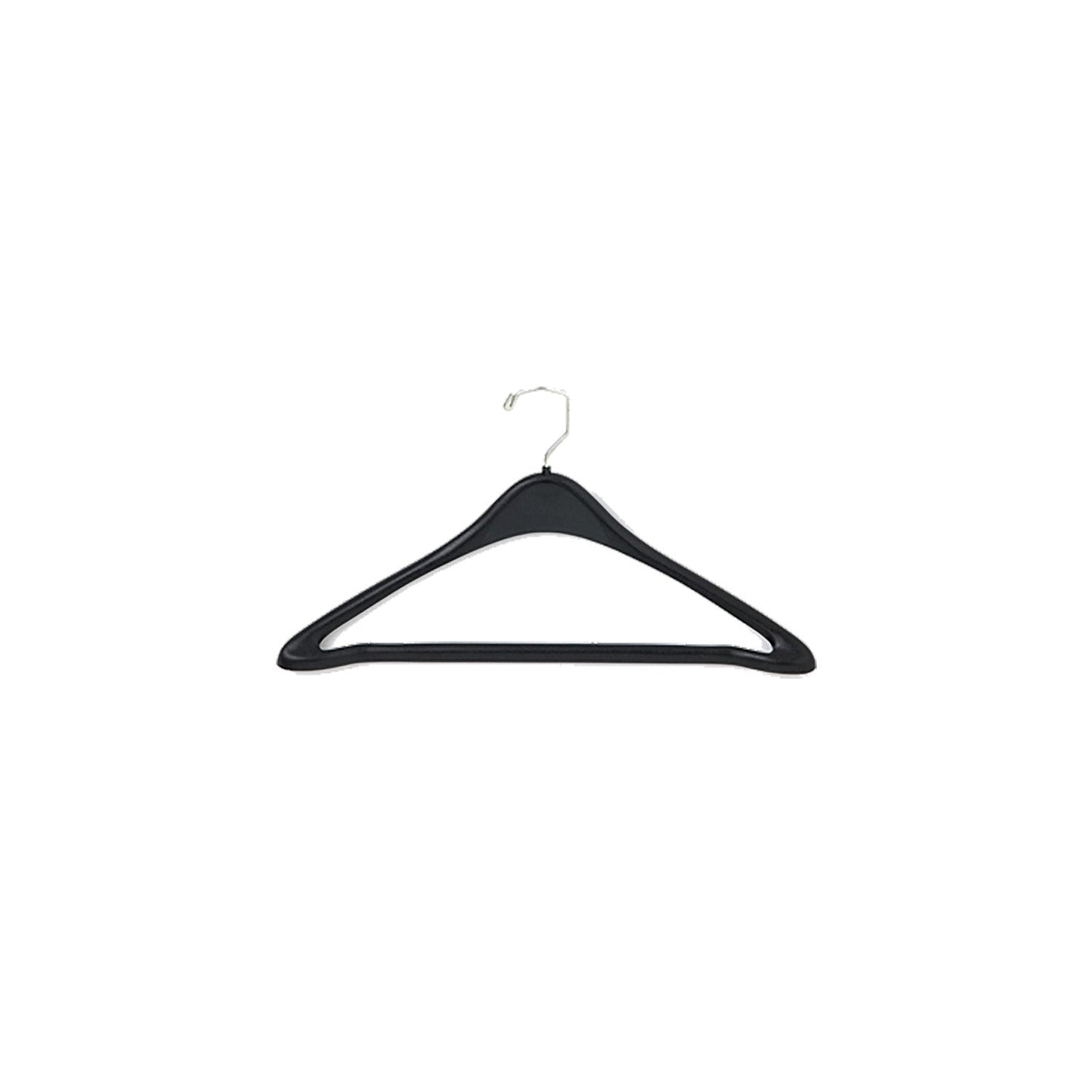 Single 17‑inch black plastic hanger with contoured shoulders, chrome swivel hook, and a lower bar equipped with adhesive strip—designed to secure trousers in garment bags or during transport