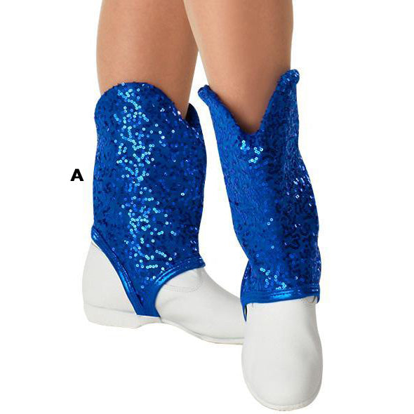 Short boot covers in royal blue micro‑sequin fabric worn over white uniform shoes, featuring elastic side closures and scalloped top edge for guard and performance use