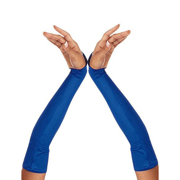 long glitter glove extending past the elbow, densely covered with shimmering fine glitter on stretch fabric, worn on arm with smooth elastic cuff—ideal for stage or drill-team sparkle. made to order