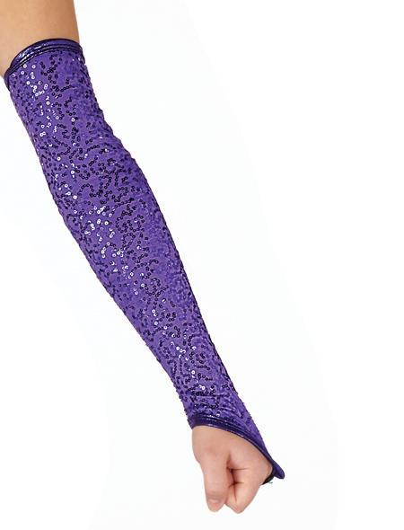 Long micro-sequin glove extending above elbow, densely covered in small shimmering sequins on stretch fabric with smooth elastic cuff—made-to-order for performance sparkle