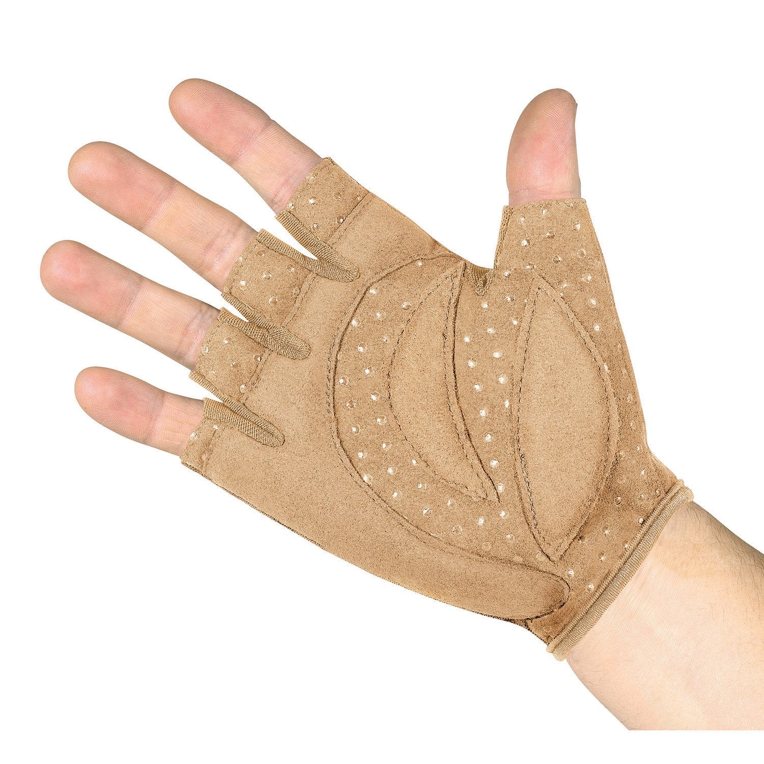 Palm-side flat view of StylePlus Grip Factor gloves showing silicone grip dots on palm and finger base, textured backing for control, and trimmed half-finger openings. in nude or black
