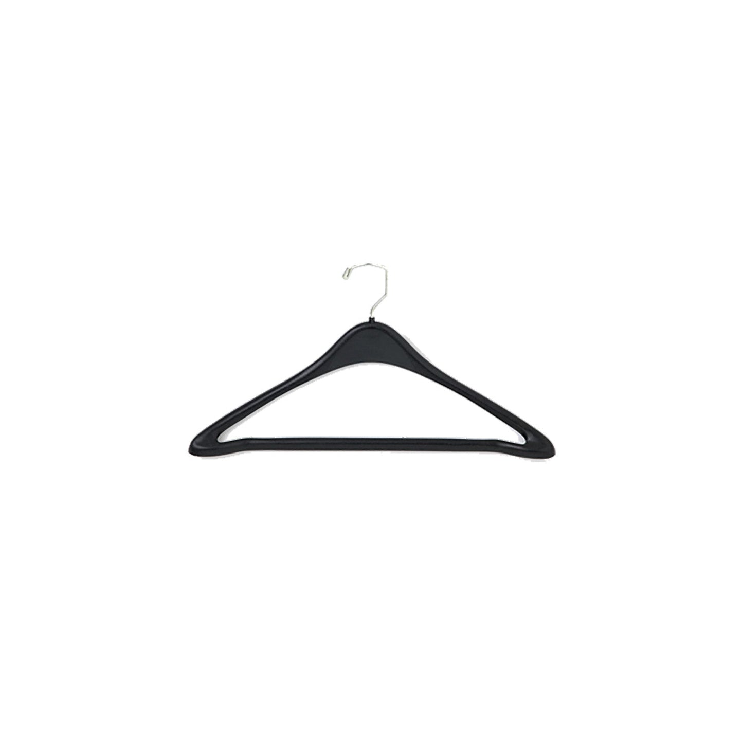 A single 19-inch black plastic hanger featuring contoured shoulders, a durable chrome swivel hook, and a flat lower bar with adhesive backing—ideal for securing pants in garment bags during travel.