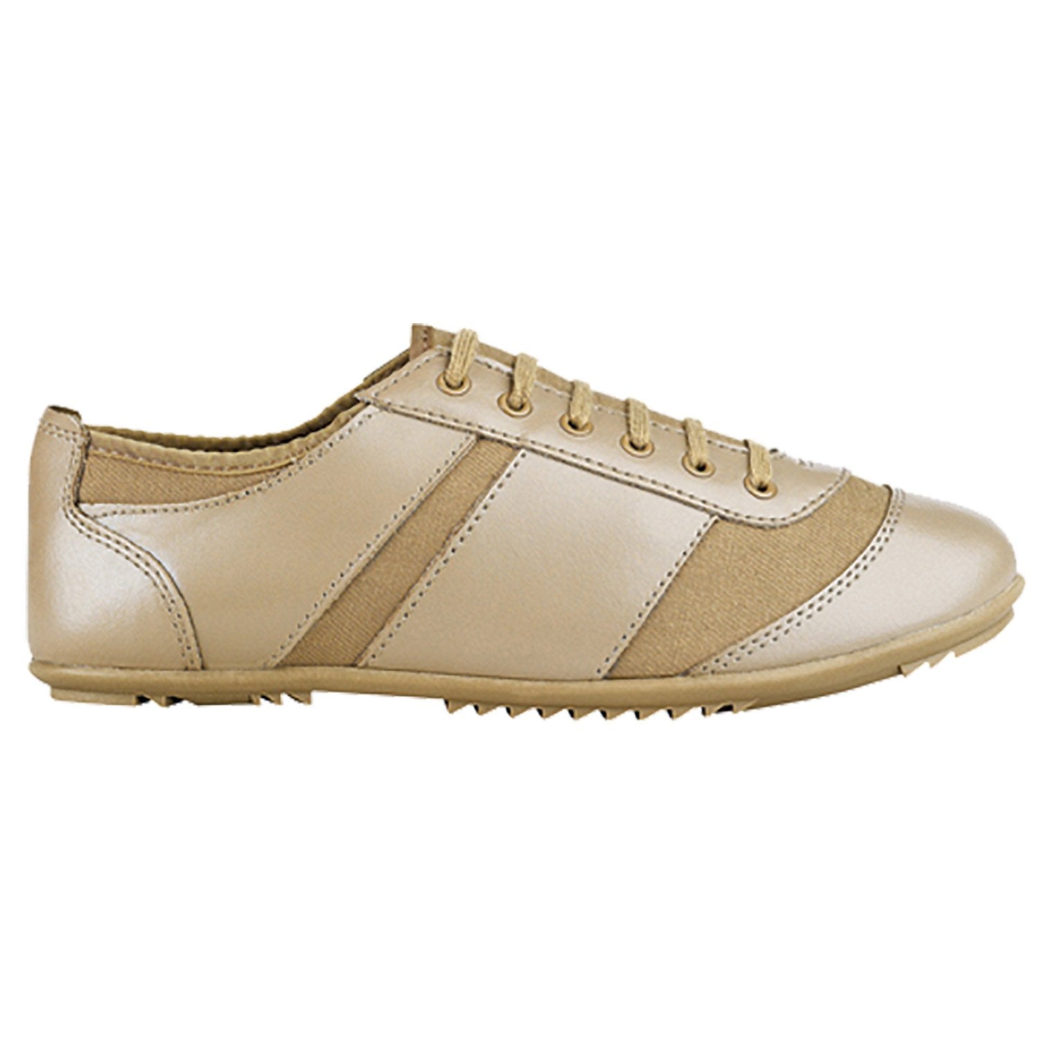 Prowler marching shoe in black/nude leather-like upper with athletic lace-up styling, padded collar, and textured rubber outsole featuring pivot point for precision drill movements.