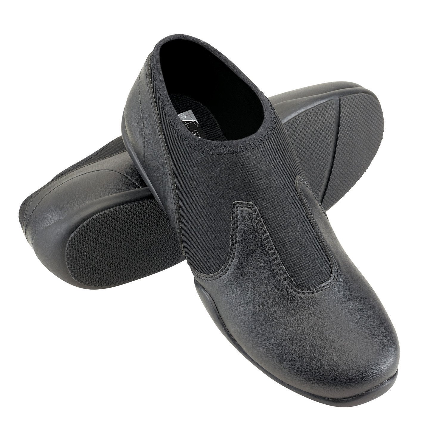 New Relevé Platinum marching shoe in black synthetic upper, featuring low-profile oxford styling, padded collar, cushioned insole, and sleek rubber outsole for performance
