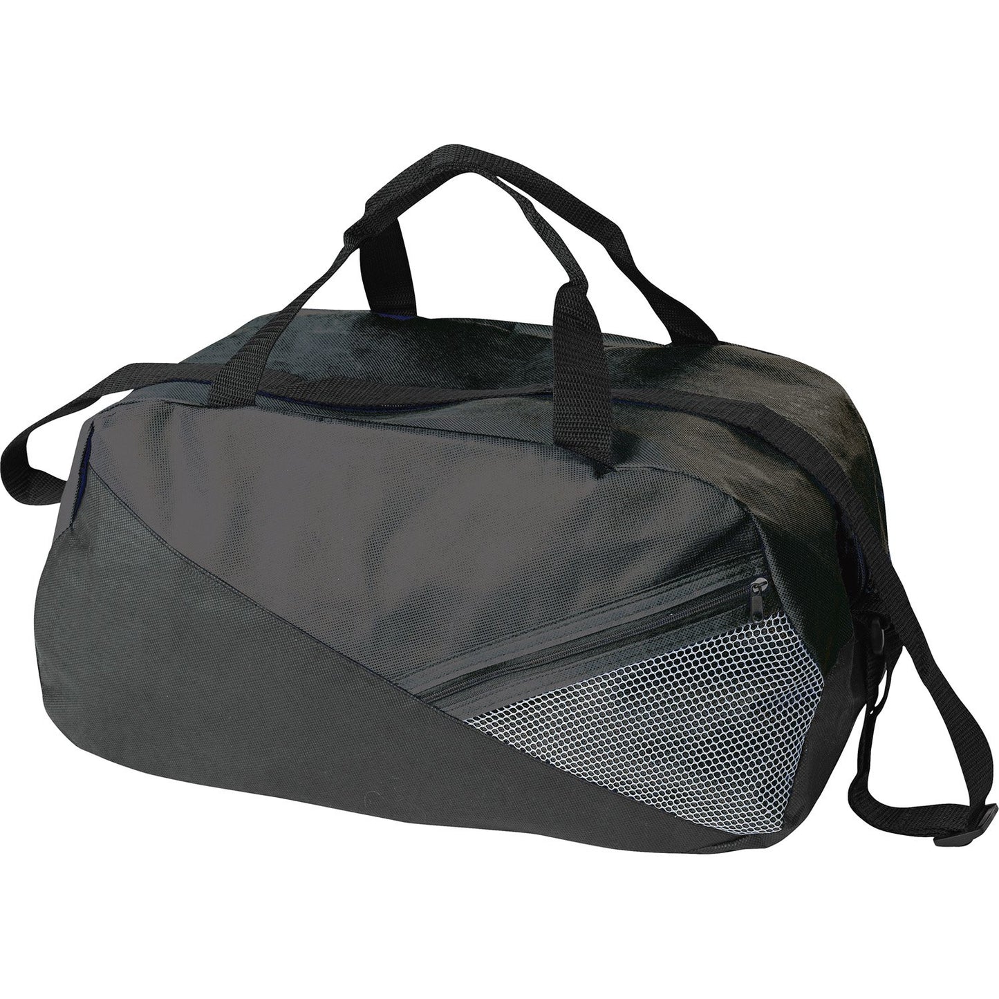 Black economy duffel bag made from 100% non-woven polypropylene, with double carry handles, non-removable adjustable shoulder strap, angled front mesh zippered pocket, and hard plastic bottom insert—17″×10″×9″ size suited for practice or travel gear.