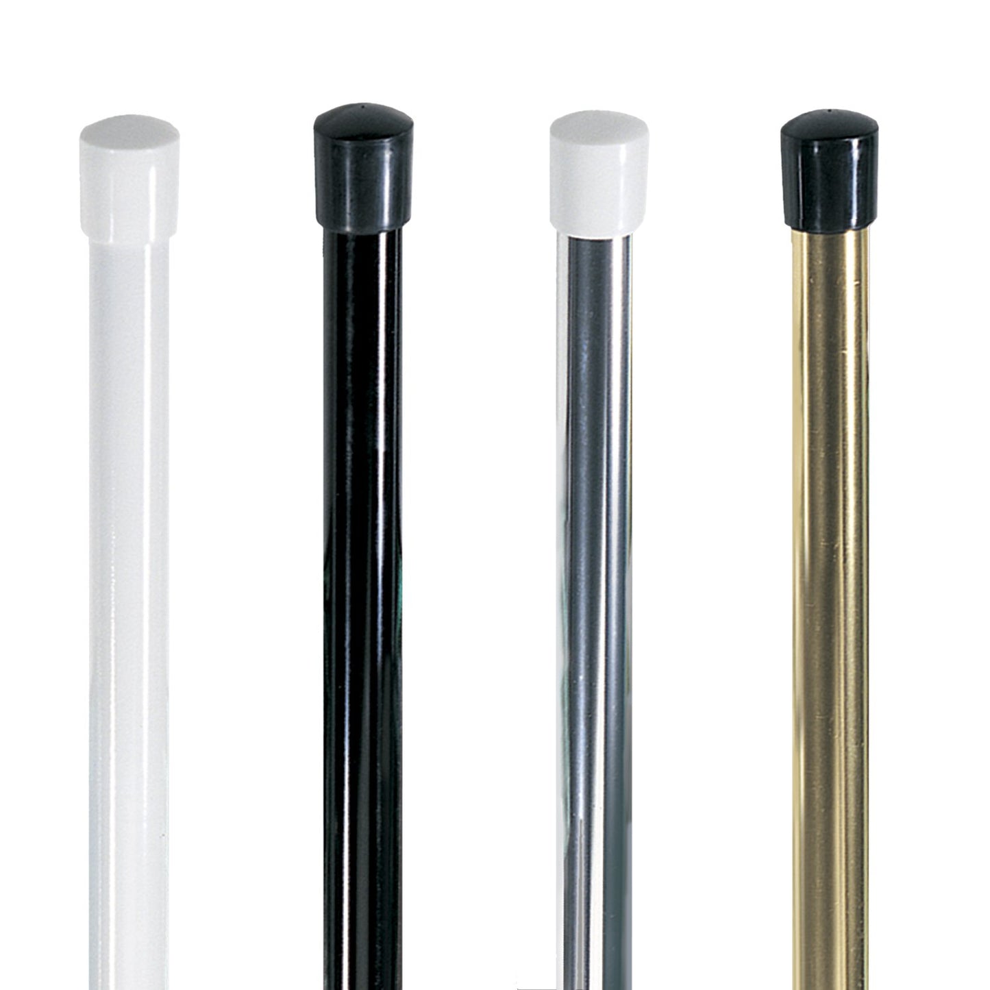A row of 1″ diameter 1‑piece aluminum flag poles in black, gold, silver, and white anodized finishes, each topped with matching end caps—designed for color guard use with standard 1″ flag sleeves.
