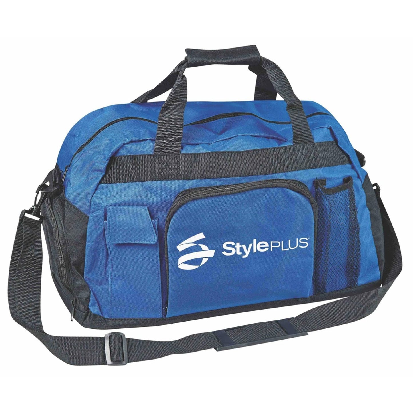 Black Super Day Pack accented with royal-blue panels, built with 600‑denier nylon and PVC backing; includes dual top handles, detachable shoulder strap, front zip pocket, side cell phone holder, and plastic base—designed for away games, practices, or campus travel