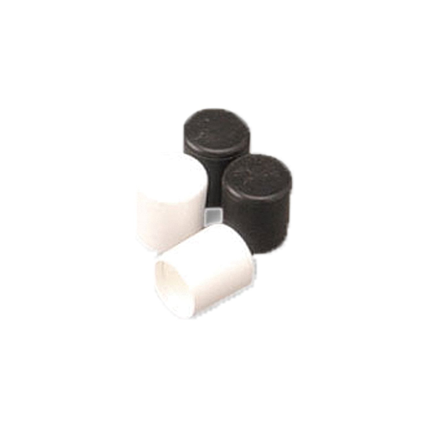 Two vinyl replacement caps for Ultra‑Light flag poles, one black and one white, cylindrical shape with rounded tops—fits ½″ diameter poles to refresh worn tips