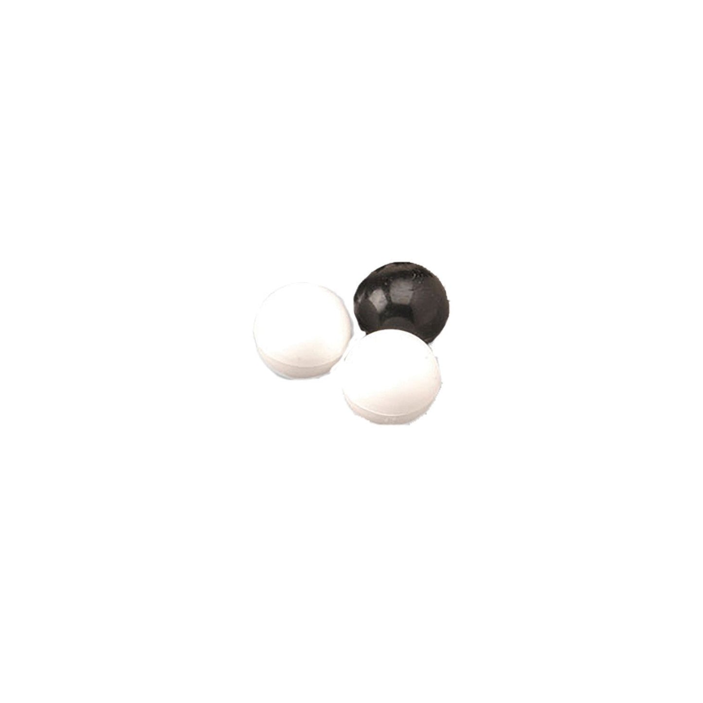 Black and white glossy poly ball ornaments, 1″ diameter, made of durable plastic, shown together—designed to cap 1″ flag or rifle poles for a polished, protective finish