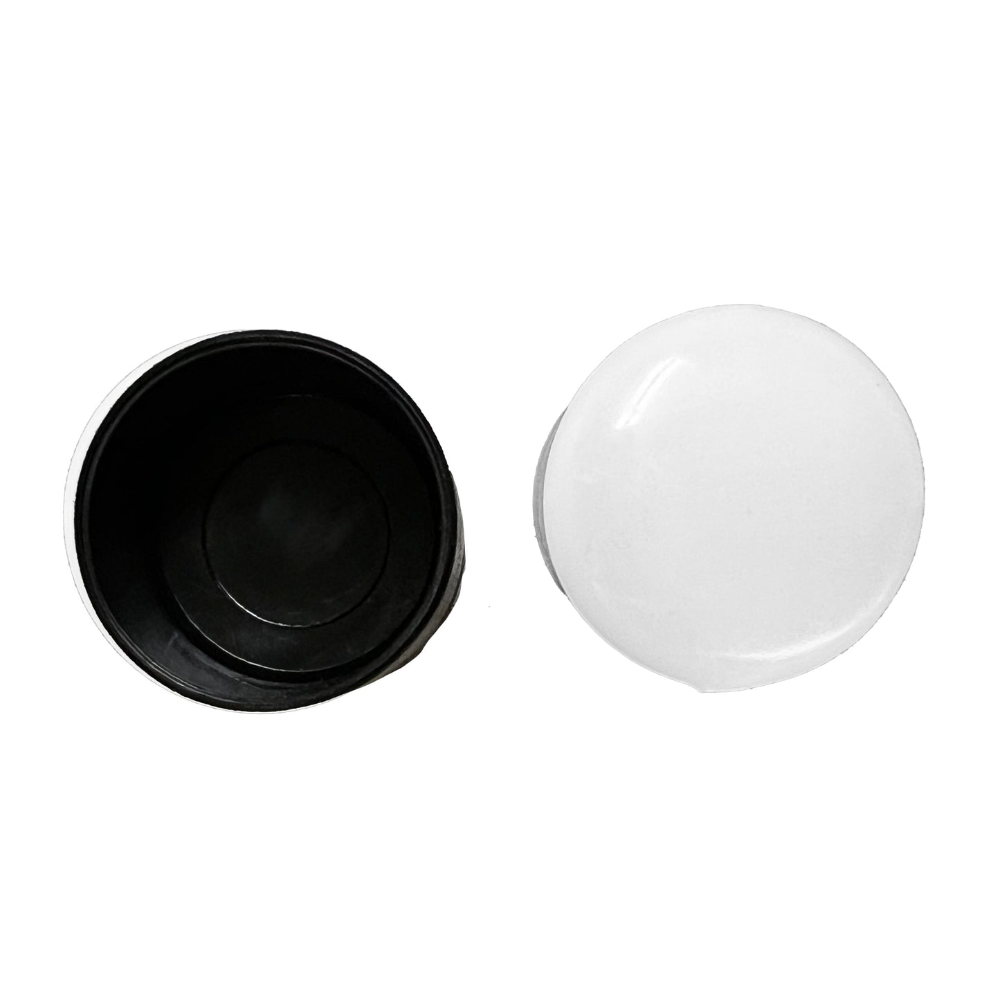 White and black Vivace vinyl pole cap shown both outside and inside views—smooth exterior cap and hollow interior lip to securely grip 1″ pole shafts.