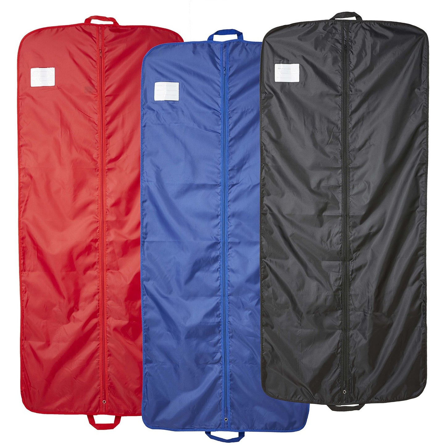 Three 65‑inch Vivace dress garment bags in red, royal and black polyester laid side by side, each with full-length zipper, top hanger port, bottom carry loop and large clear ID pouch—ideal for long dress transportation