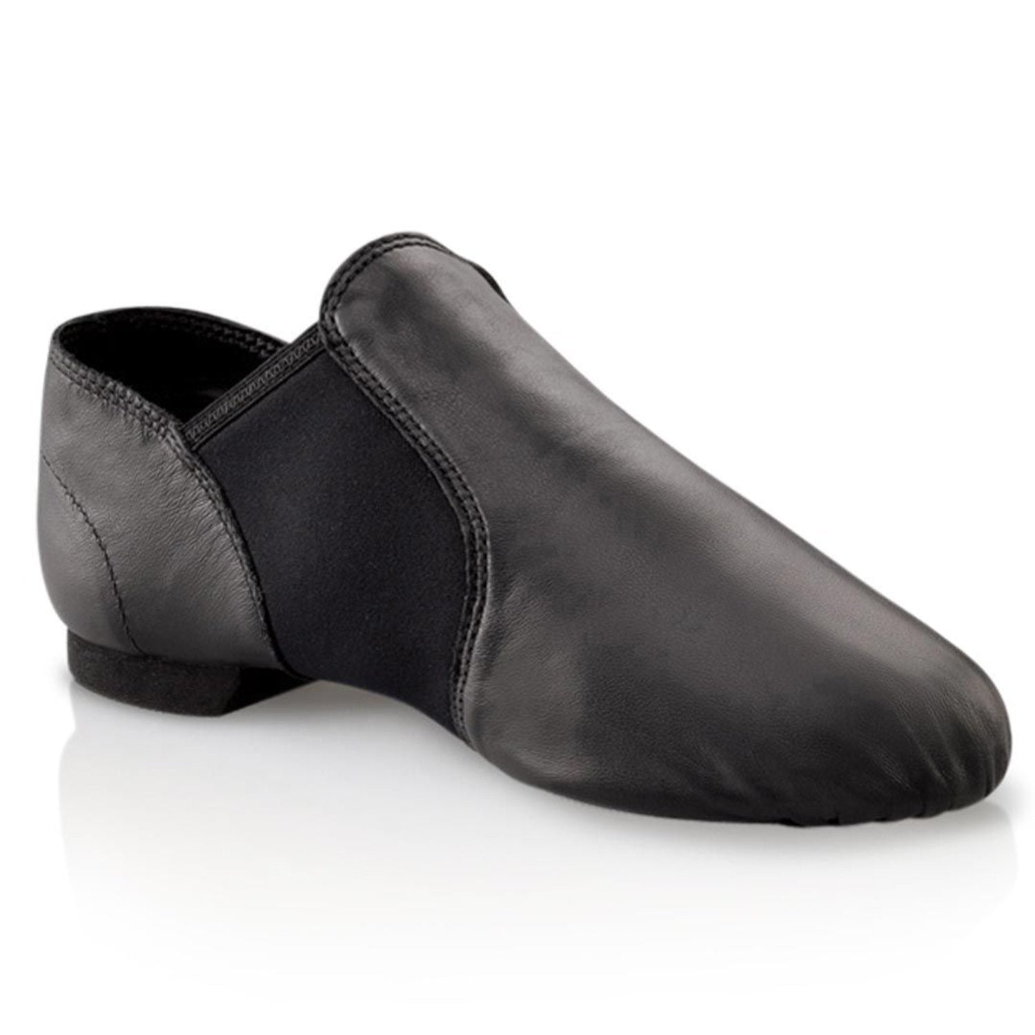 Capezio E‑Series Jazz slip‑on in black leather with elastic side panels, split‑sole design, padded collar and heel counter, perfect for dance and practice.