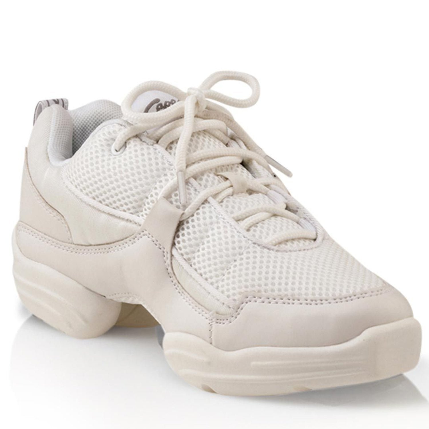 Capezio Fierce™ Dansneaker in white featuring tech‑mesh and PU leather upper, sporty lacing, padded collar, and split‑sole flexible outsole with pivot point for dance turns.