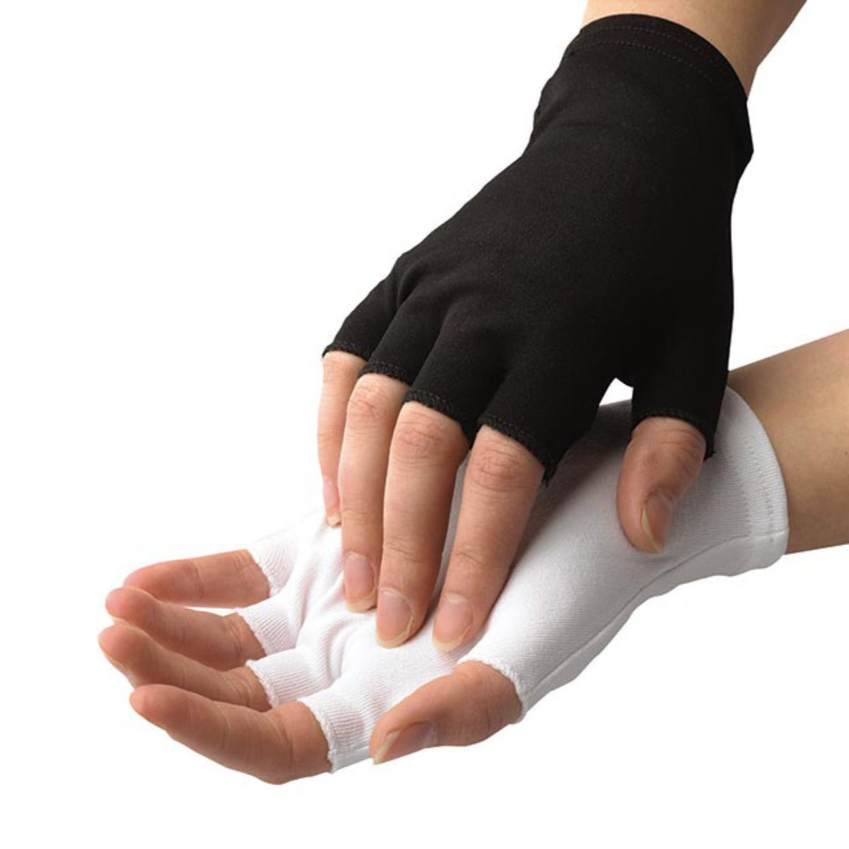 A person wearing a black and white half-finger nylon glove with reinforced sewing, designed for musicians. Pair of Dinkles nylon half-finger gloves in black, open-tipped design with seamless palm reinforcement and elastic wrist band for secure fit