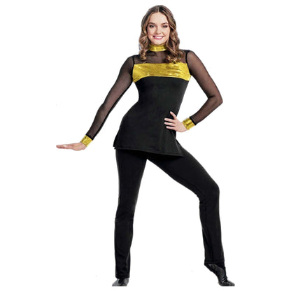 Woman wearing a black and yellow outfit on a white background