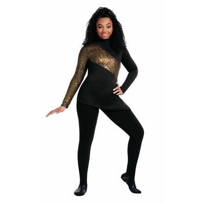 Woman wearing a black and gold outfit on a white background