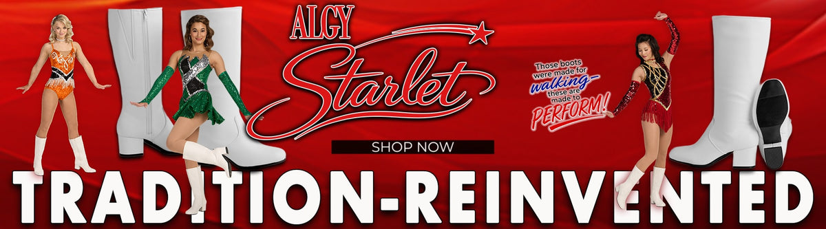 A promotional banner for Alcy Starlet featuring four models wearing colorful dance or performance outfits, large white high-top boots, and a red background with the text 'ALCY Starlet', 'SHOP NOW', and 'TRADITION-REINVENTED'.