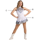 Person wearing a white and silver dress with labeled parts on a white background