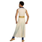 Person wearing a long, light-colored dress with a belt on a white background