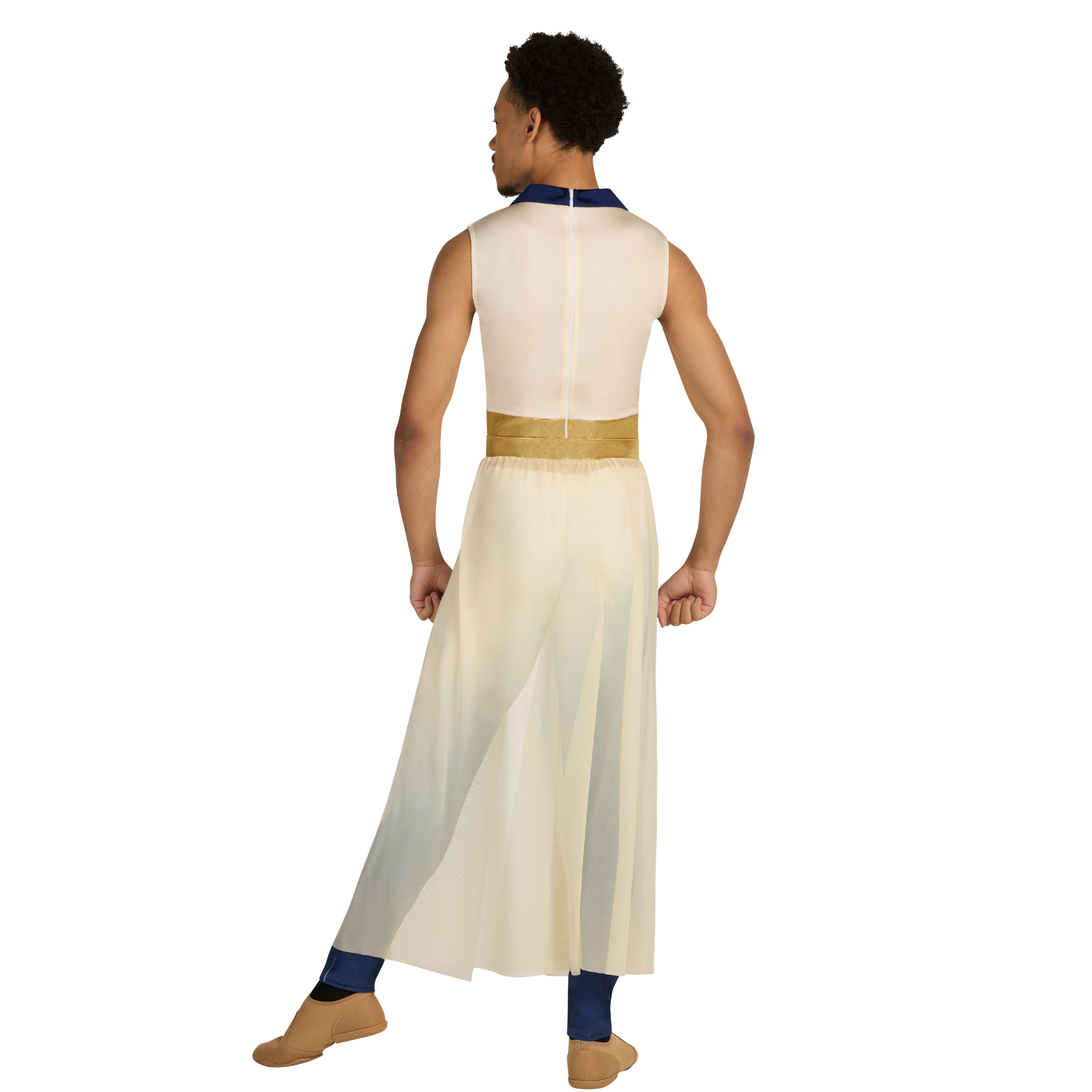 Person wearing a long, light-colored dress with a belt on a white background