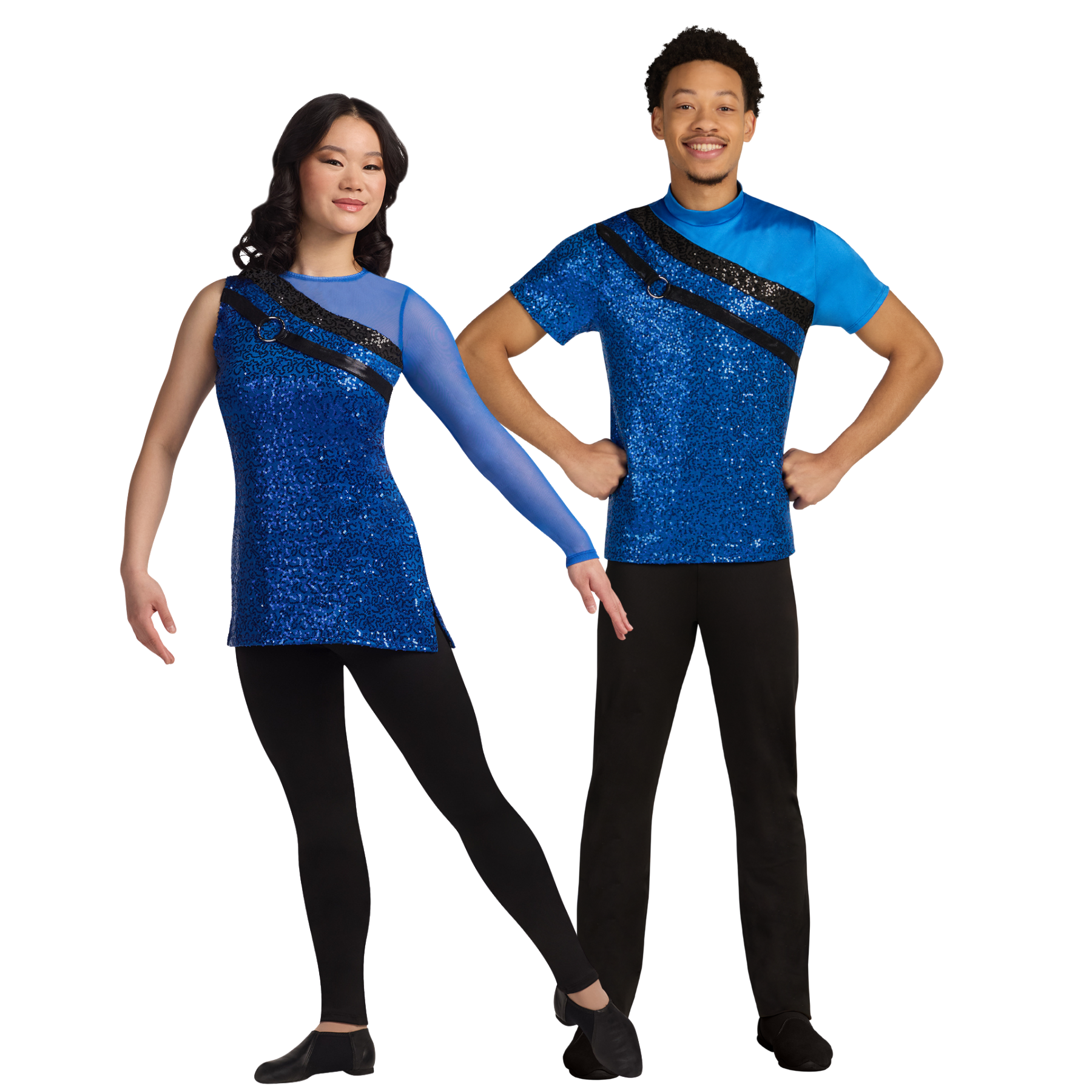 Royal blue sequin performance tunic and coordinating male performance top with black diagonal accents and sheer mesh sleeve detail, shown with black performance pants. Designed for color guard, dance, indoor percussion, and marching arts performances.