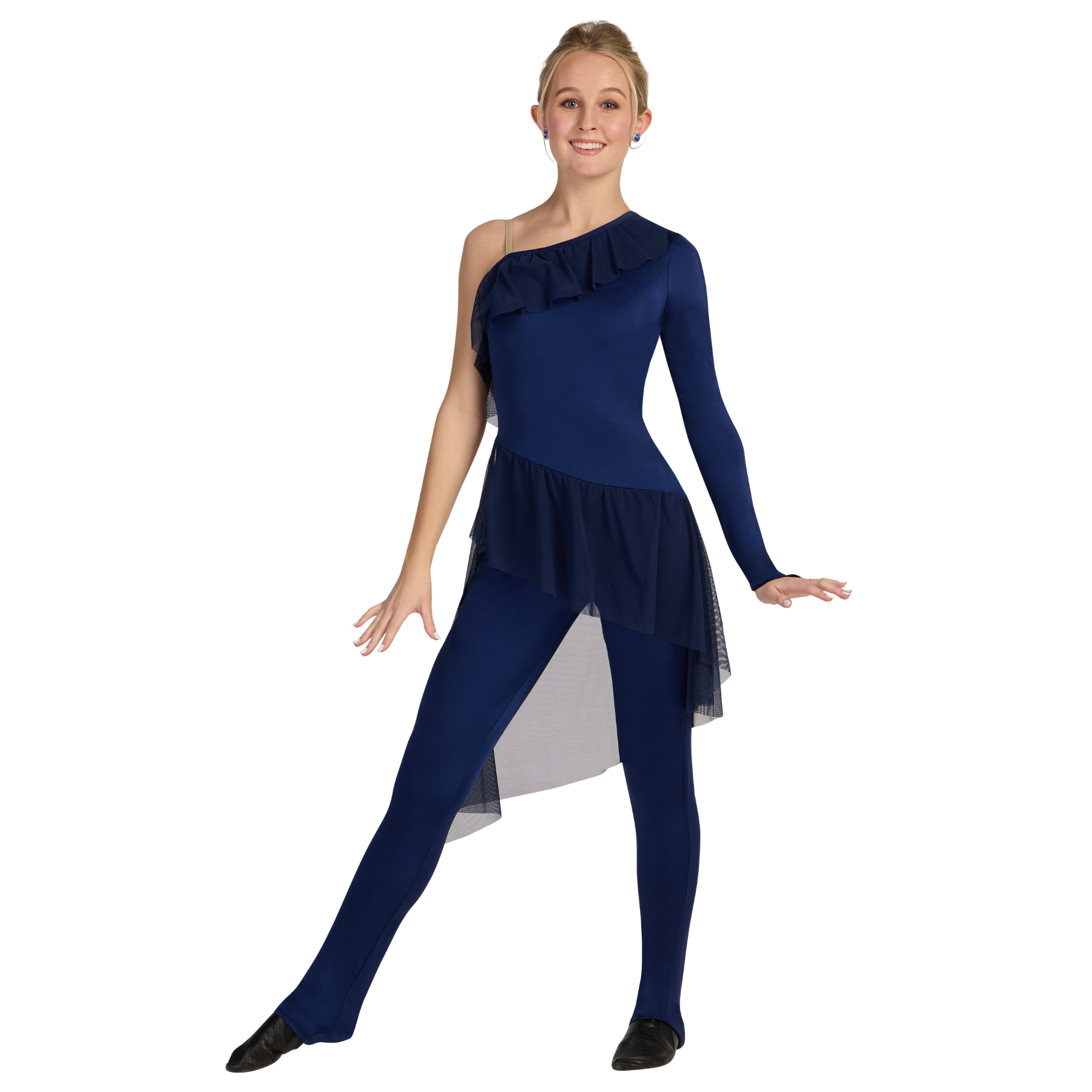 Woman wearing a blue dance costume with a ruffled top on a white background