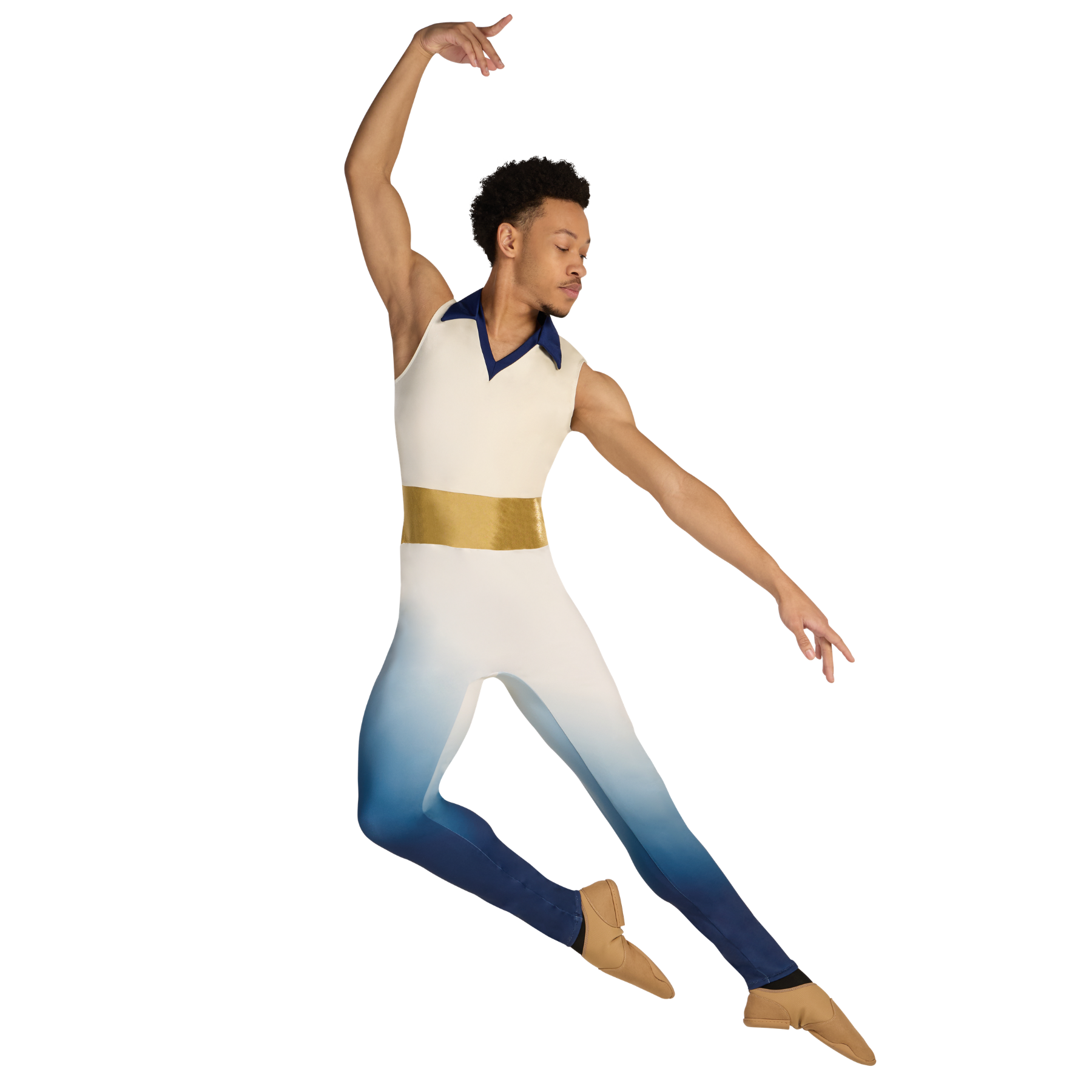 Dancer in a white and blue leotard with gold accents on a white background