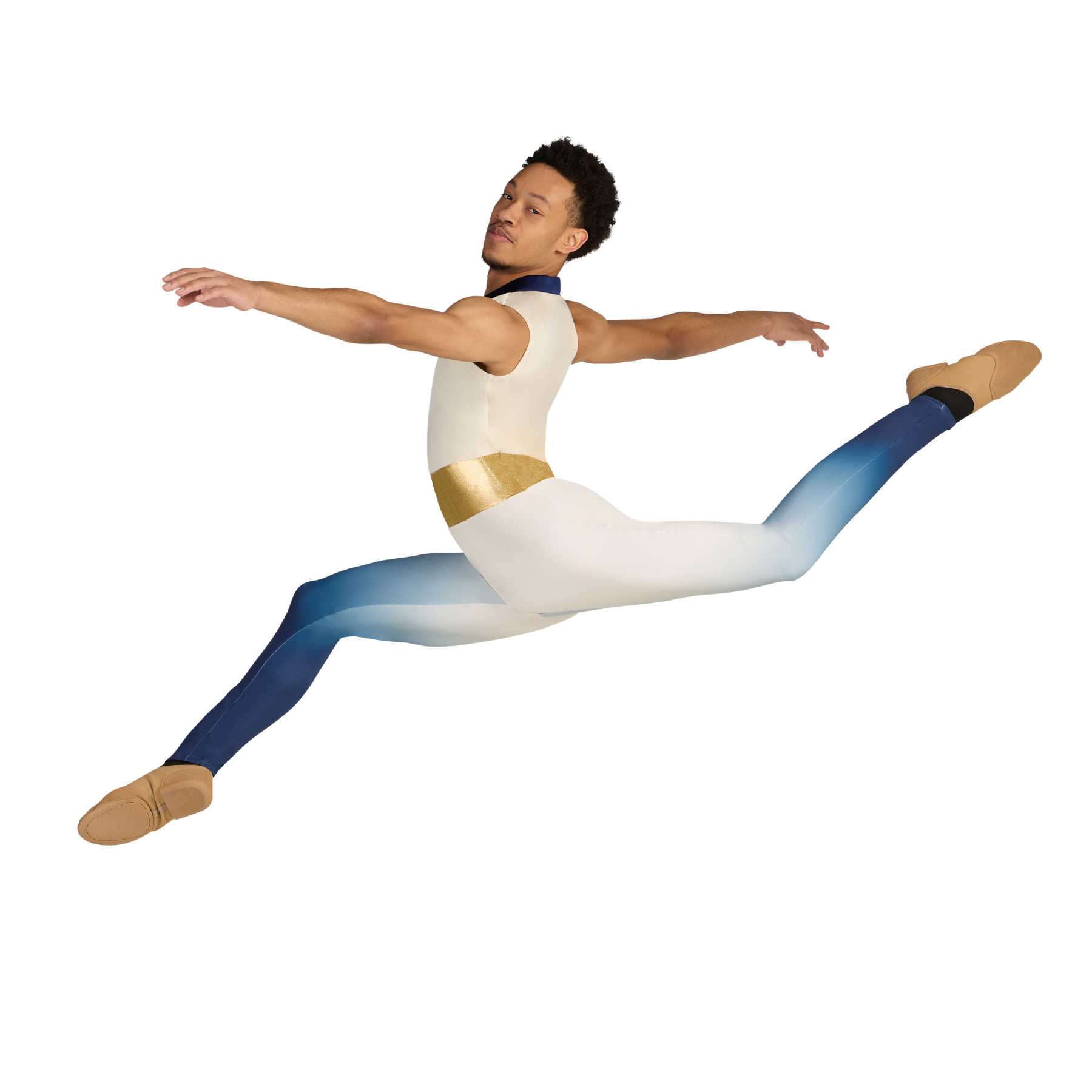 Dancer in a white and blue costume with gold accents on a white background