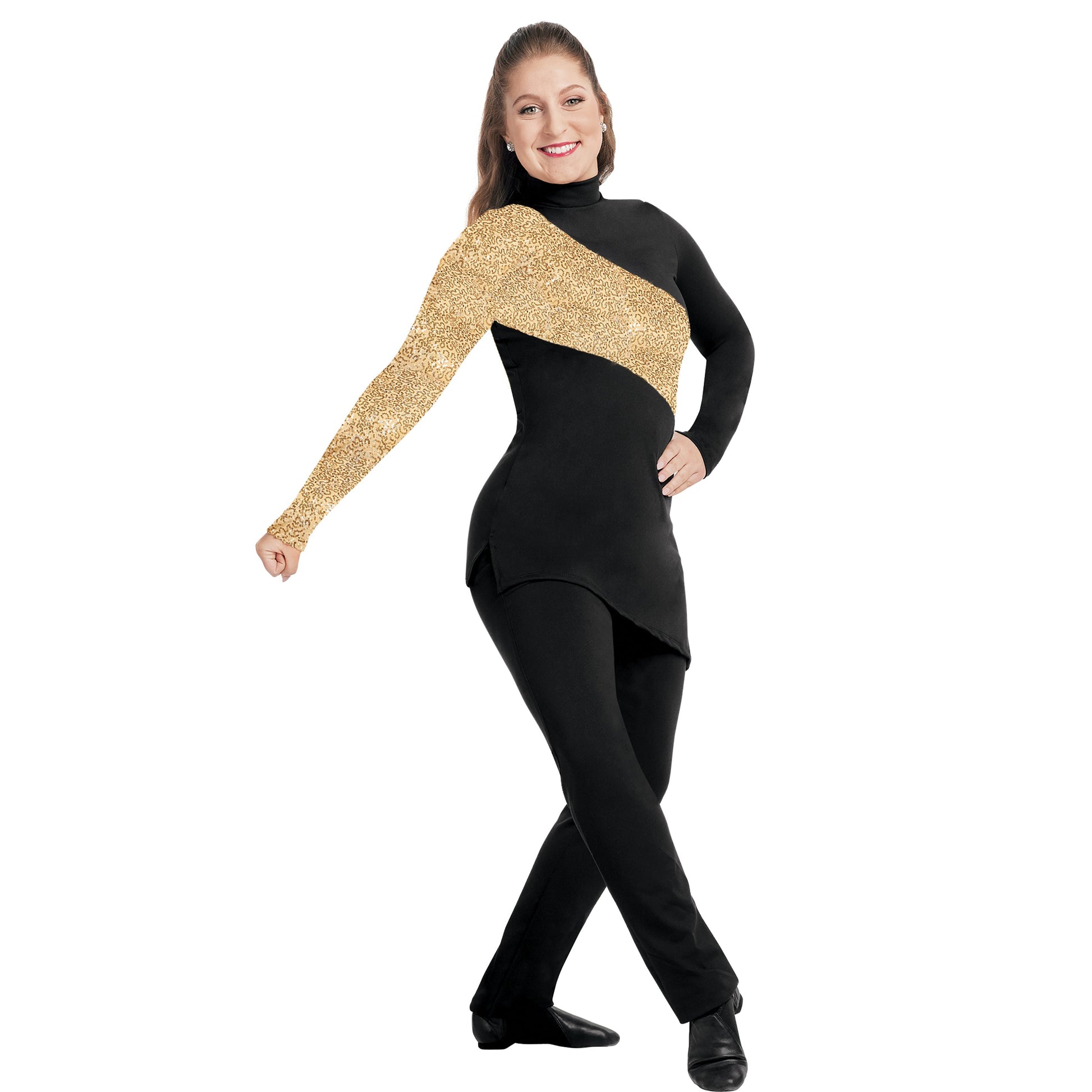 Woman wearing a black outfit with gold accents on a white background