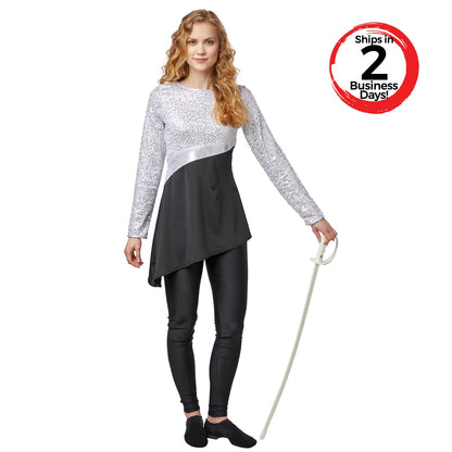 Vivace Influence ladies tunic in silver micro‑sequin on white top and black spandex bottom, asymmetrical empire waist, crew neck and long sleeves