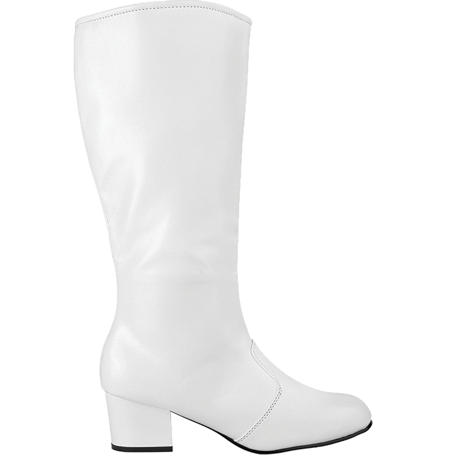 Nancy Boot knee-high majorette boot in white vinyl with inside zipper, elastic calf insert, cushioned footbed, low block heel, and corrugated sole for traction