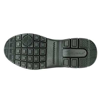 Sole view of RPM marching shoe showing full-length TPR rubber outsole with multidirectional tread pattern, reinforced heel pivot zone, and flex grooves for grip on turf, grass, and gym floors