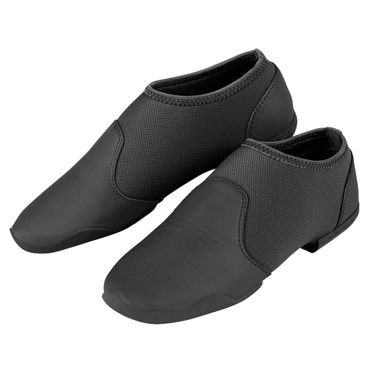 S‑Five split‑sole guard shoe in black (other colors tan, light/medium tan, dark tan), with bonded grip-mesh upper, raised toe box with wing protection, neoprene vamp and heel cup, offering snug support.