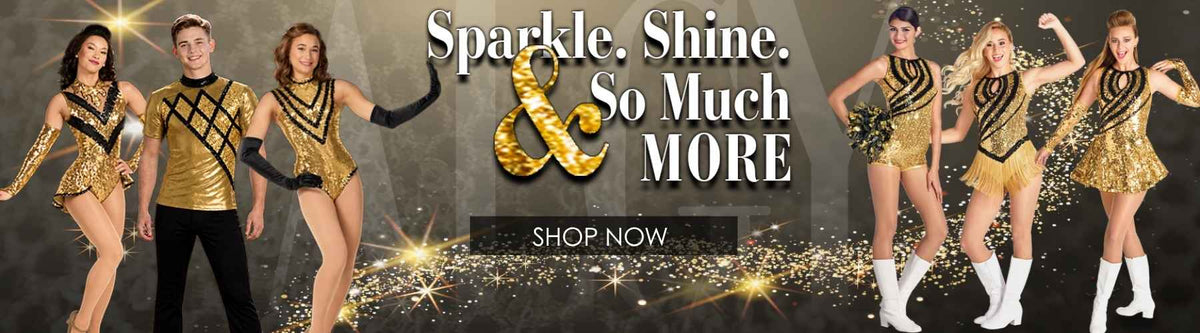 A promotional banner featuring multiple women in gold and black dance or cheerleader-style costumes posed around large text reading 'Sparkle. Shine.