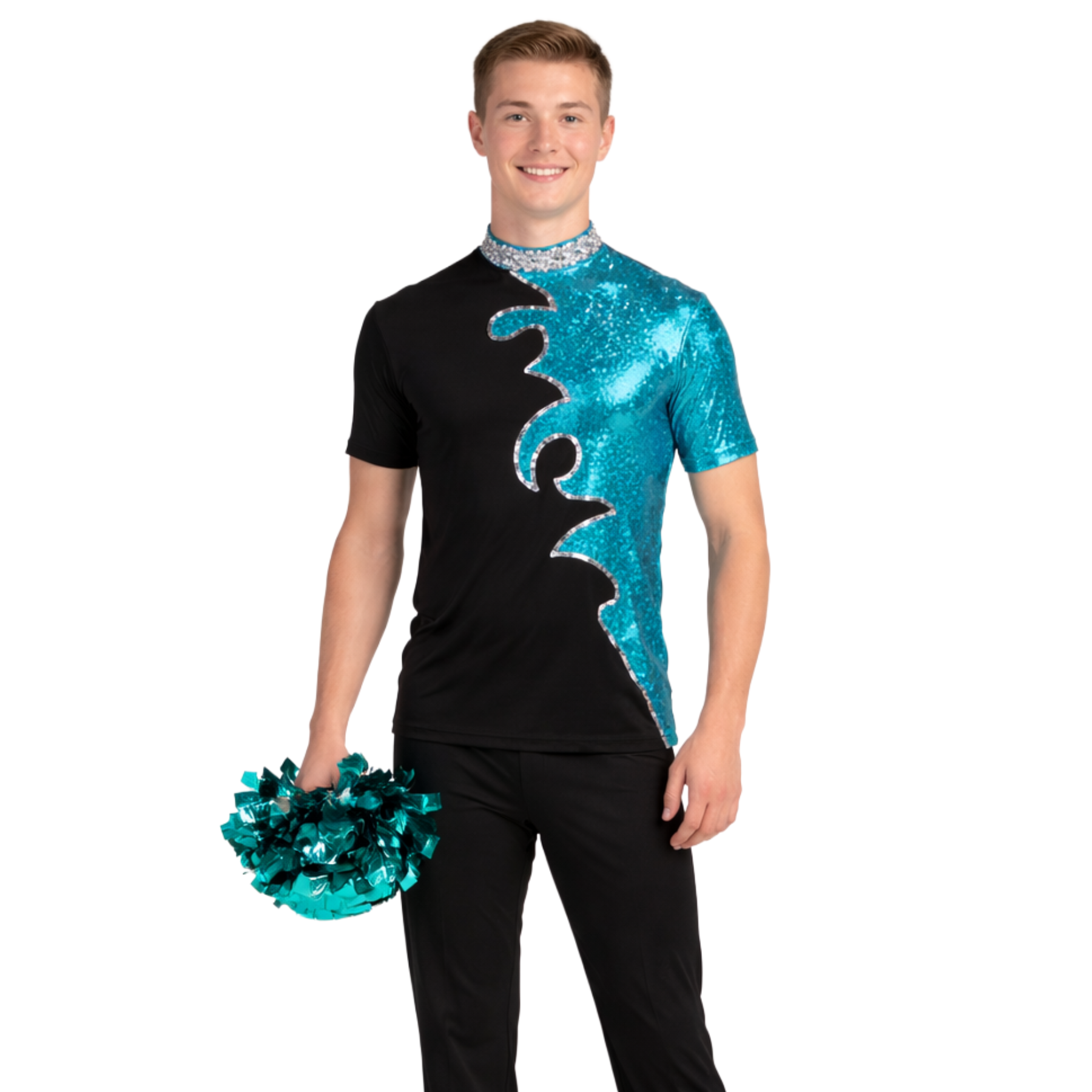 Person wearing a black and turquoise sequined outfit holding teal pom-poms on a white background