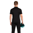 Man wearing a black outfit holding pom-poms on a white background