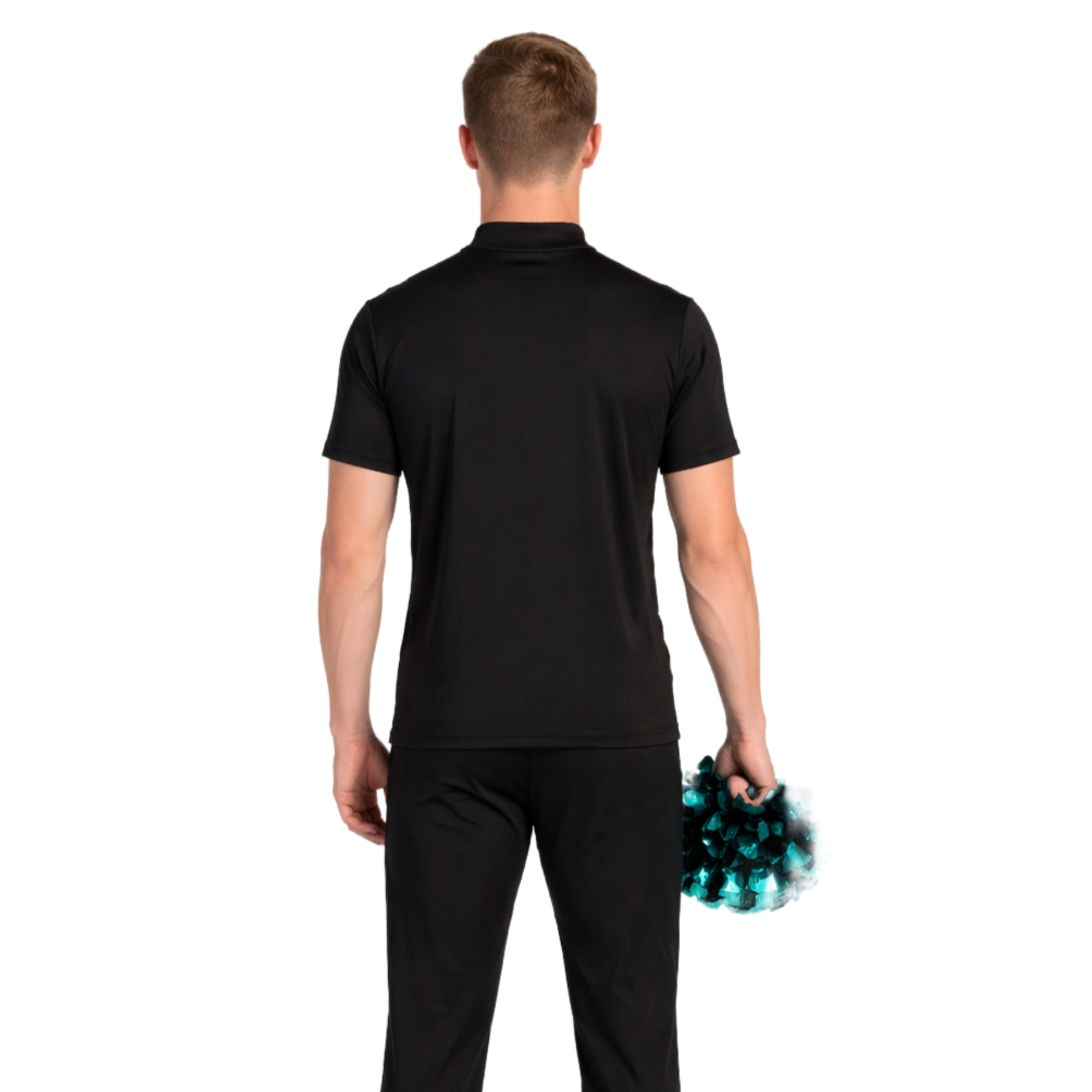 Man wearing a black outfit holding pom-poms on a white background