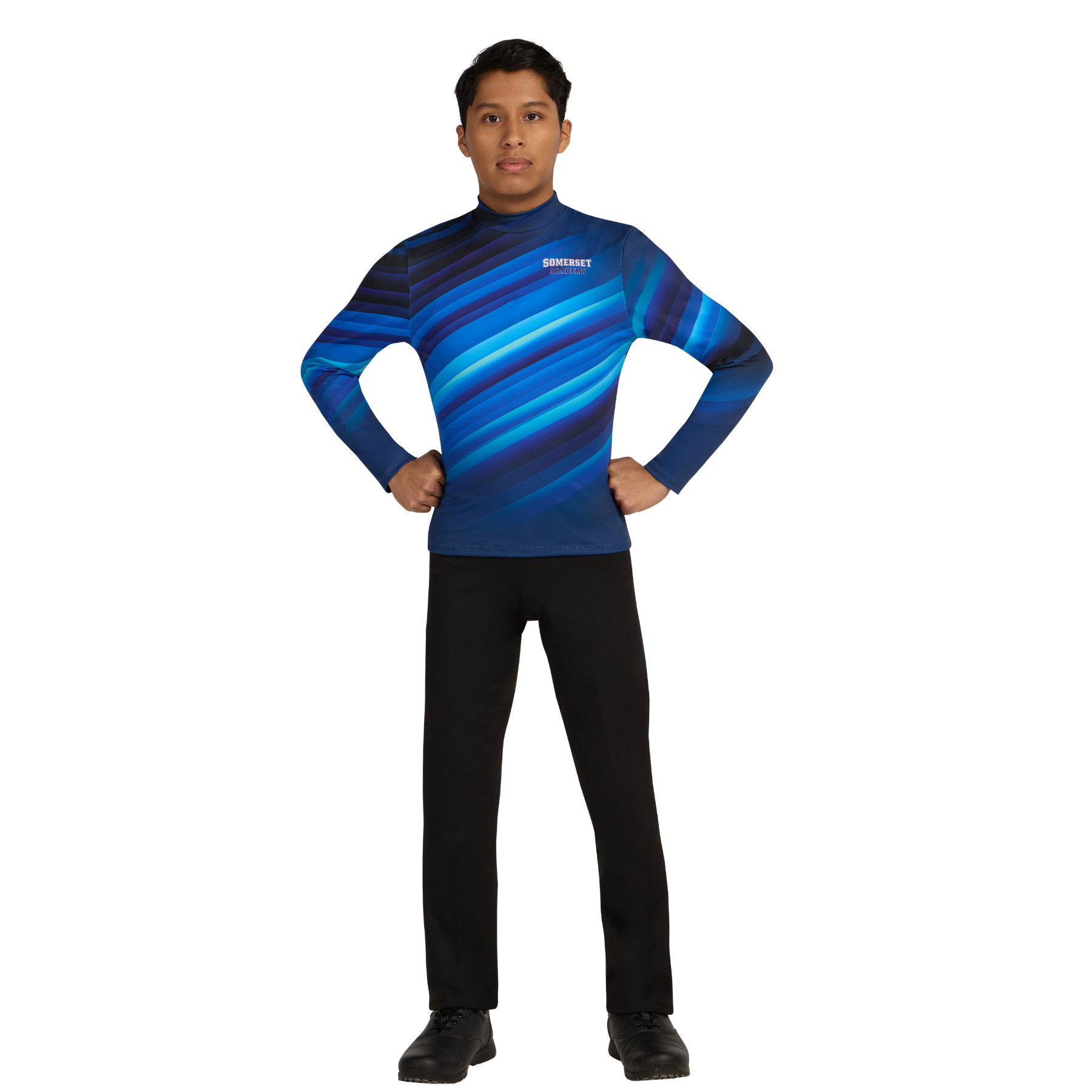 Person wearing a blue and black striped long-sleeve shirt on a white background