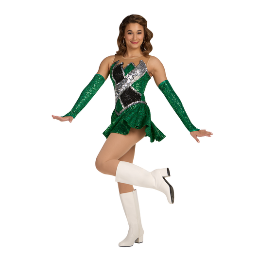 Dancer in a green and silver dance costume with white boots on a white background
