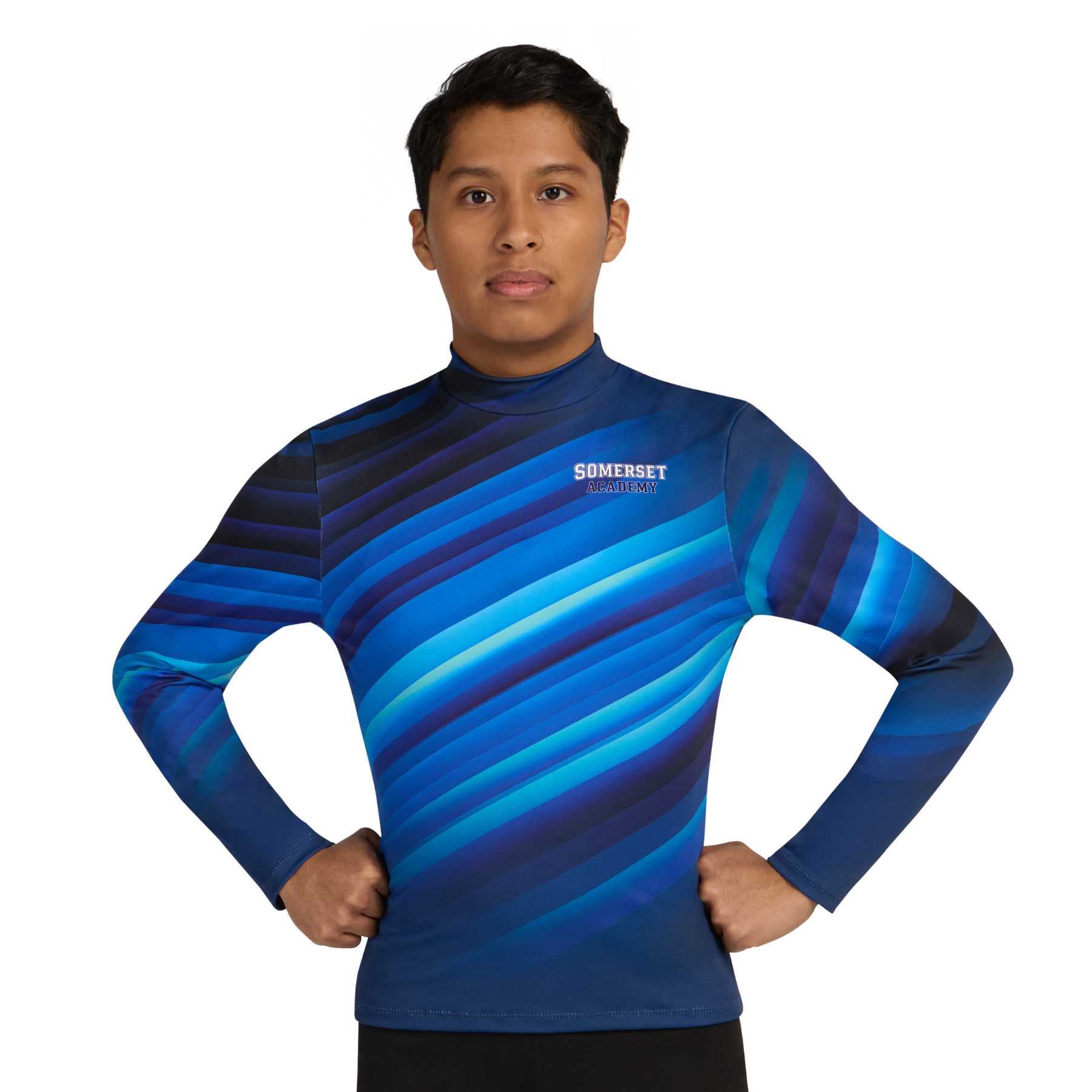 Person wearing a blue striped long-sleeve shirt with 'Somerset' branding on a white background