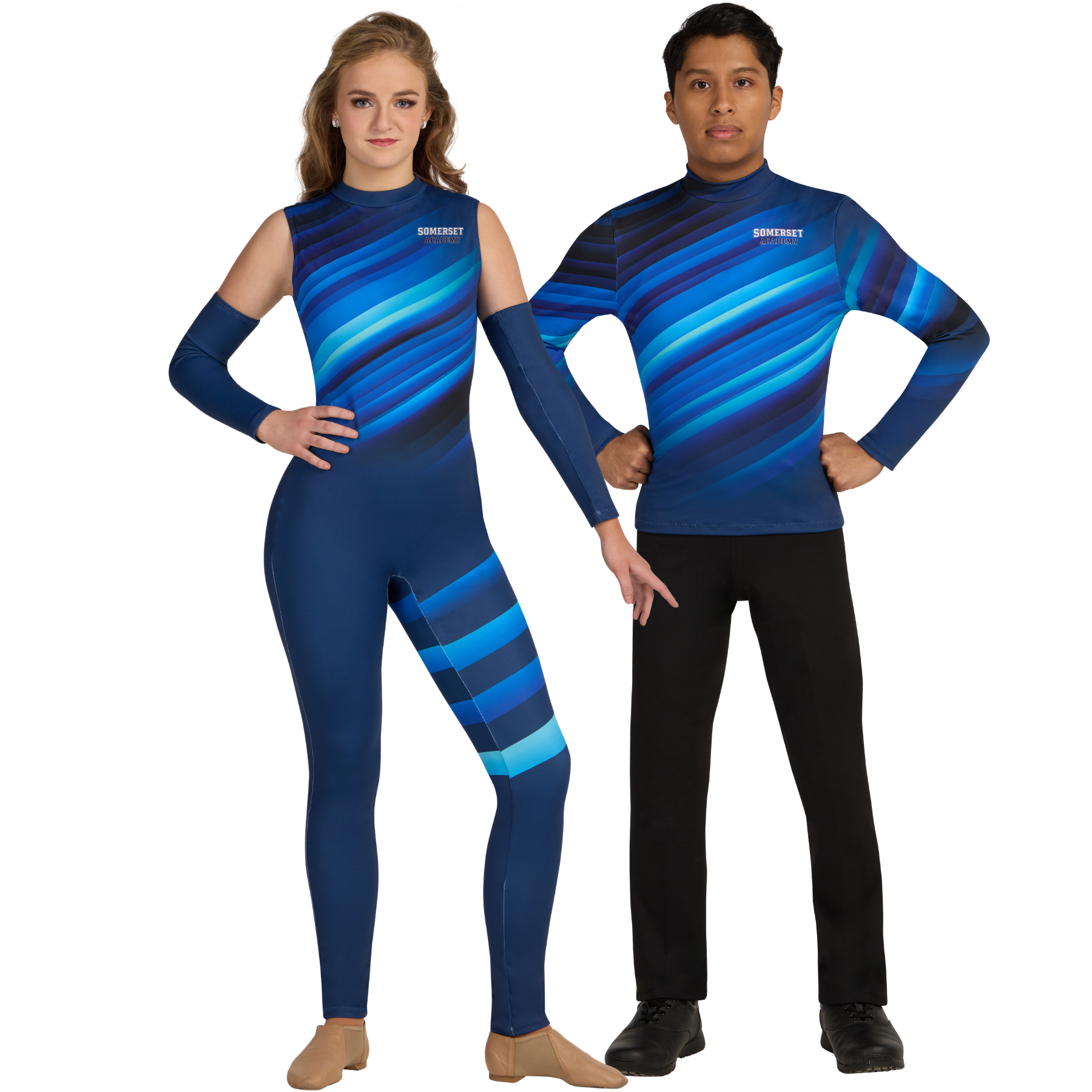 Two models wearing blue and black striped outfits on a white background