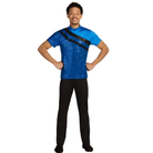 Person wearing a blue sequin top with black accents and black pants on a white background