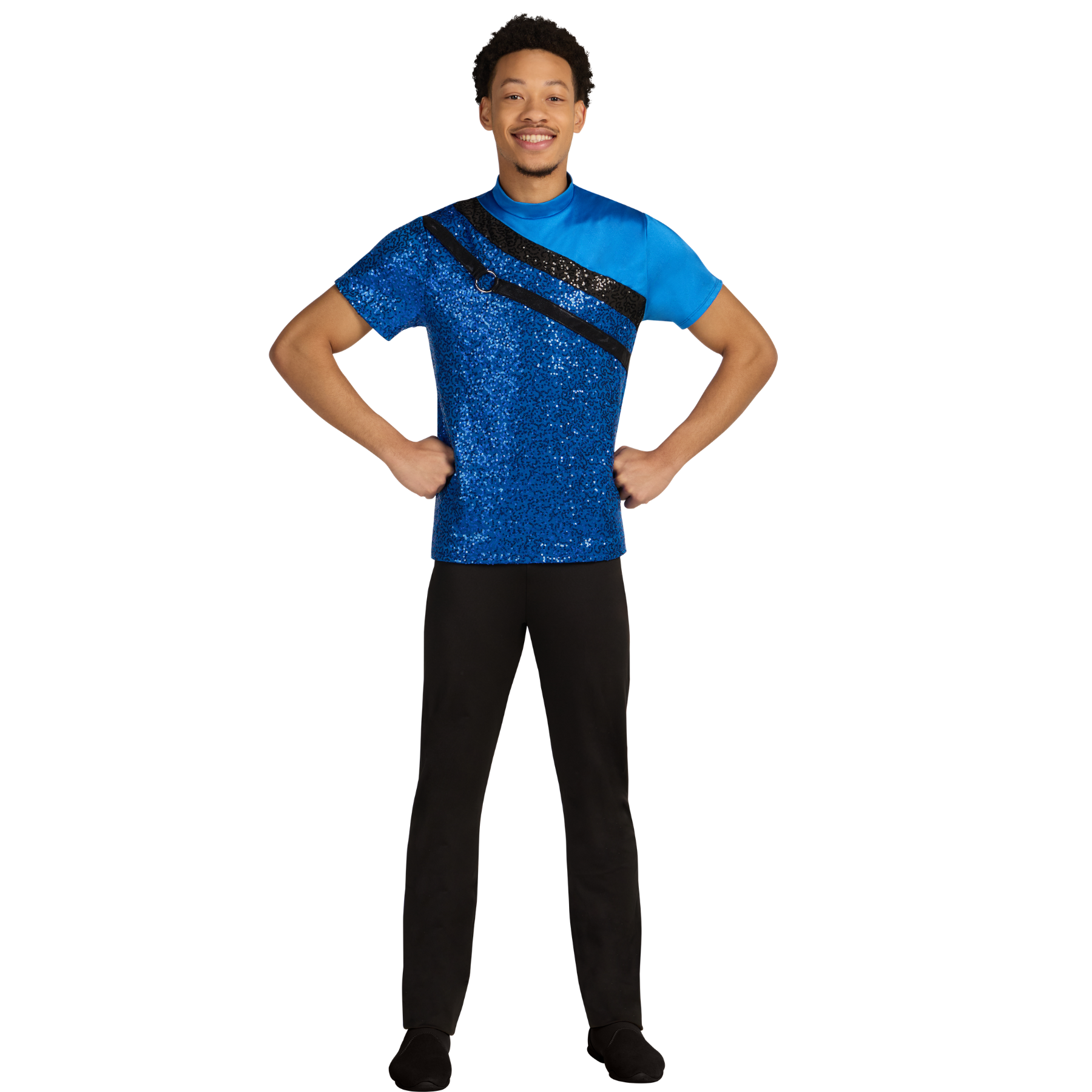 Person wearing a blue sequin top with black accents and black pants on a white background