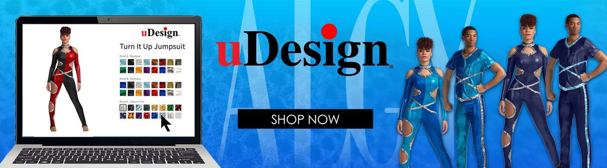 Promotional banner for uDesign jump suits, featuring a laptop displaying a red and black turn-it-up jumpsuit, a color selection grid, and four models wearing blue and black jumpsuits against a bright blue background with the text 'uDesign' and 'SHOP NOW'.