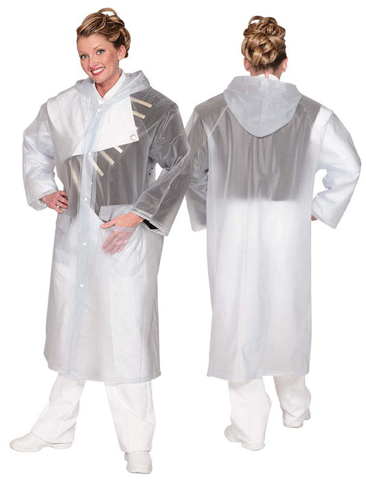 Vinyl raincoat, full-length design with front snap closure, attached hood, and side pockets—shiny PVC-coated polyester shell ideal for wet weather protection
