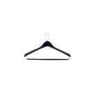 Black 17‑inch contoured plastic suit hanger with polished swivel hook and integrated locking pant bar—securely holds trousers using a locking mechanism at each end.