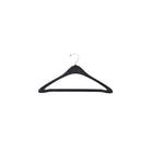 Single 17‑inch black plastic hanger with contoured shoulders, chrome swivel hook, and a lower bar equipped with adhesive strip—designed to secure trousers in garment bags or during transport